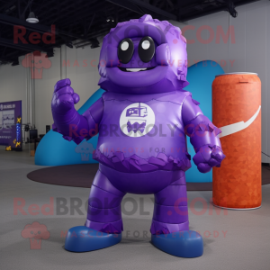 Purple Soda Can mascot costume character dressed with a Rash Guard and Mittens