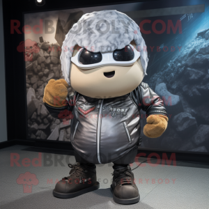 Silver Potato mascot costume character dressed with a Biker Jacket and Beanies
