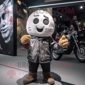 Silver Potato mascot costume character dressed with a Biker Jacket and Beanies