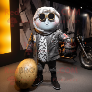 Silver Potato mascot costume character dressed with a Biker Jacket and Beanies