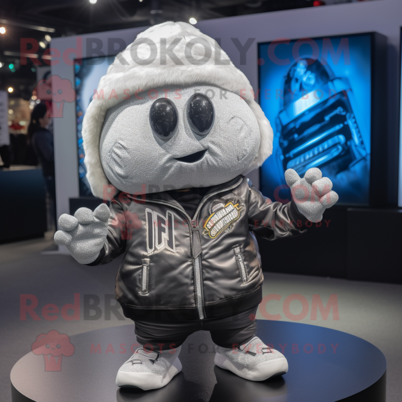 Silver Potato mascot costume character dressed with a Biker Jacket and Beanies