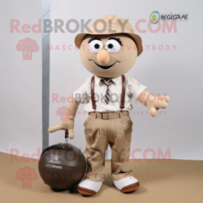Beige Petanque Ball mascot costume character dressed with a Poplin Shirt and Messenger bags