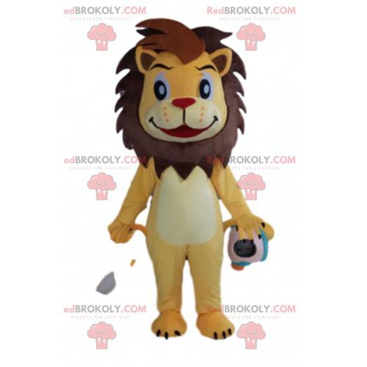 Mascote lindo leão amarelo e marrom, fantasia de felino -