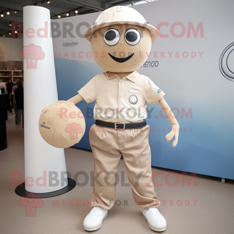 Beige Petanque Ball mascot costume character dressed with a Poplin Shirt and Messenger bags