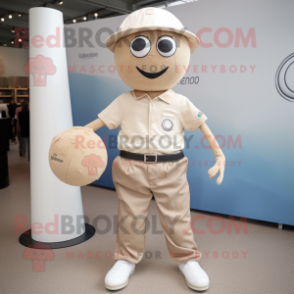 Beige Petanque Ball mascot costume character dressed with a Poplin Shirt and Messenger bags