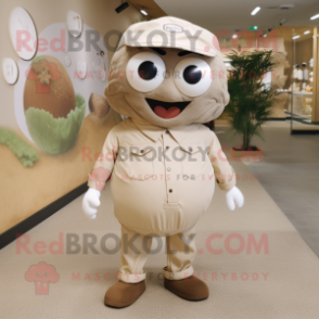 Beige Petanque Ball mascot costume character dressed with a Poplin Shirt and Messenger bags