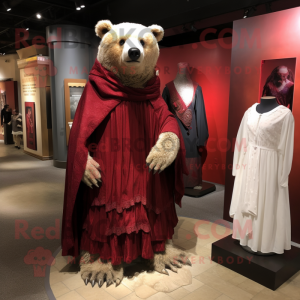 Maroon Bear mascot costume character dressed with a Wedding Dress and Wraps