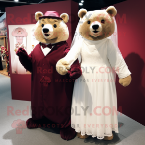 Maroon Bear mascot costume character dressed with a Wedding Dress and Wraps