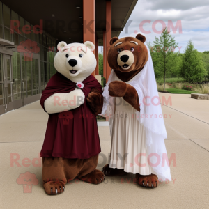 Maroon Bear mascot costume character dressed with a Wedding Dress and Wraps