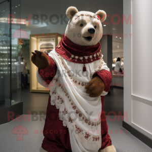 Maroon Bear mascot costume character dressed with a Wedding Dress and Wraps