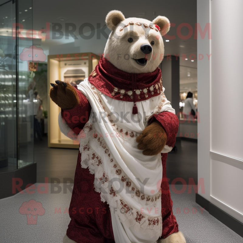 Maroon Bear mascot costume character dressed with a Wedding Dress and Wraps Maroon Bear mascot costume character dressed with a Wedding Dress and Wraps