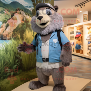 Gray Marmot mascot costume character dressed with a Bermuda Shorts and Shoe clips