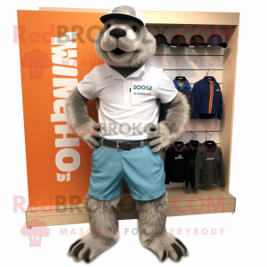 Gray Marmot mascot costume character dressed with a Bermuda Shorts and Shoe clips