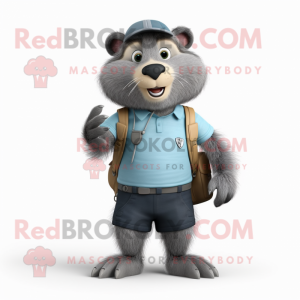 Gray Marmot mascot costume character dressed with a Bermuda Shorts and Shoe clips