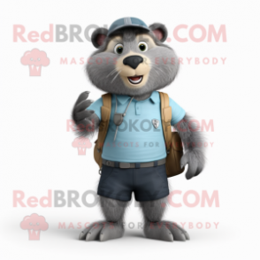 Gray Marmot mascot costume character dressed with a Bermuda Shorts and Shoe clips