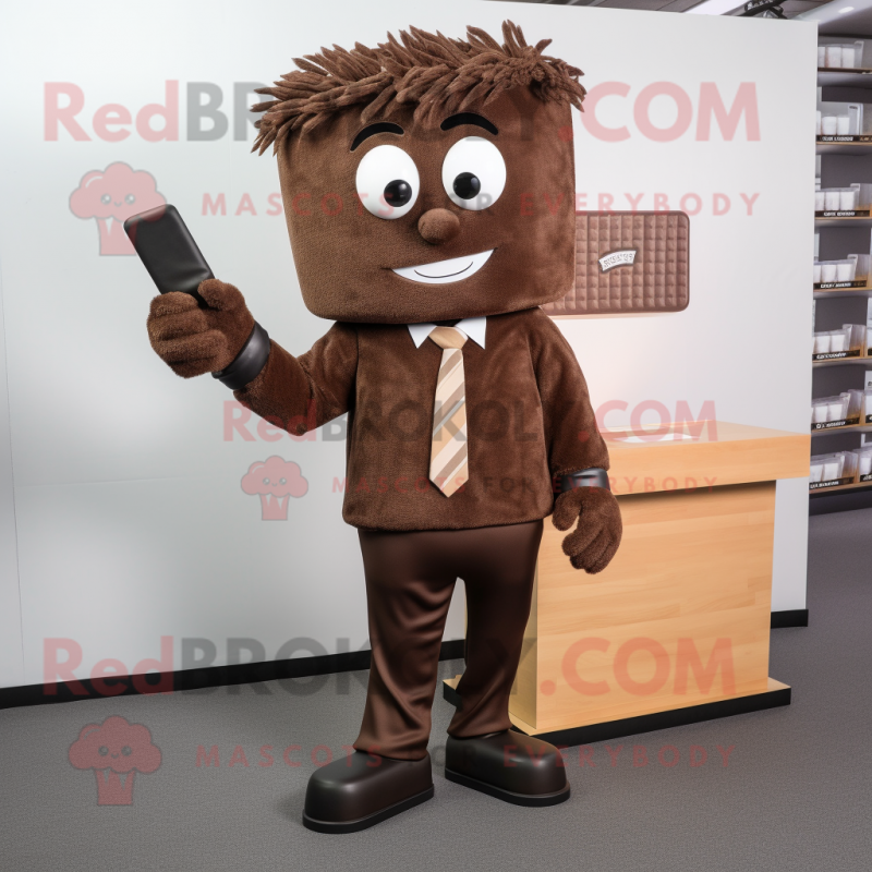 Brown Chocolate Bar mascot costume character dressed with a Suit and Hair clips Brown Chocolate Bar mascot costume character dressed with a Suit and Hair clips