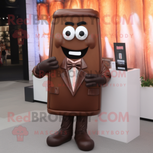 Brown Chocolate Bar mascot costume character dressed with a Suit and Hair clips