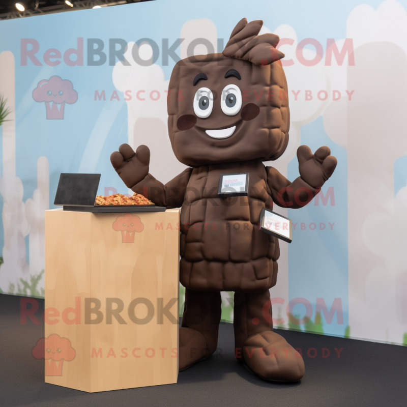 Brown Chocolate Bar mascot costume character dressed with a Suit and Hair clips