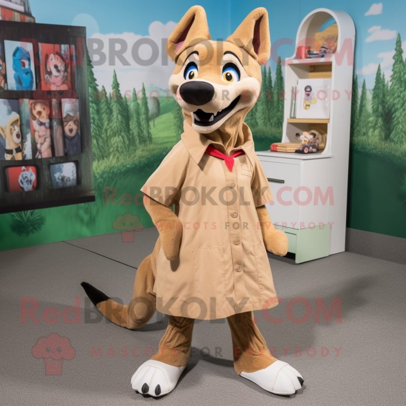 Tan Dingo mascot costume character dressed with a A-Line Dress and Shoe laces