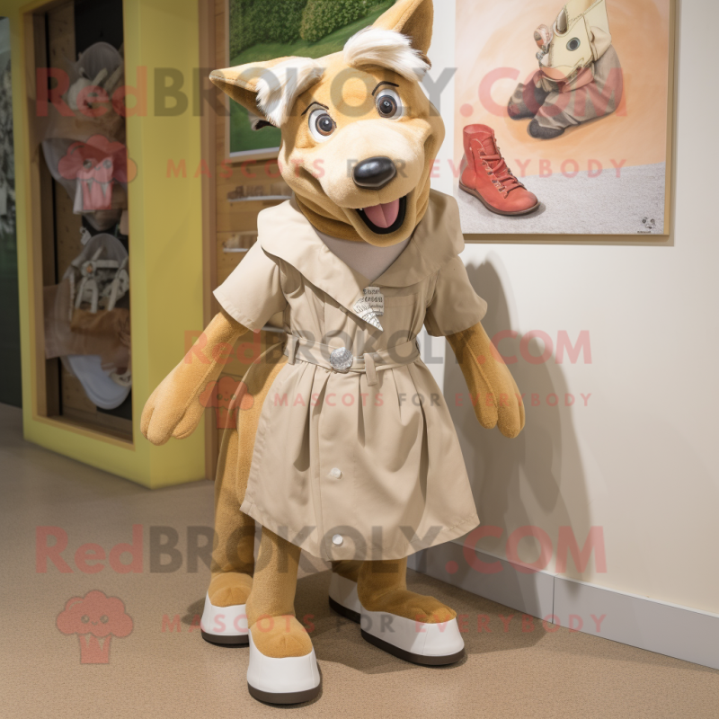 Tan Dingo mascot costume character dressed with a A-Line Dress and Shoe laces Tan Dingo mascot costume character dressed with a A-Line Dress and Shoe laces