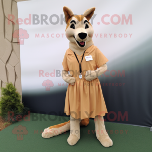 Tan Dingo mascot costume character dressed with a A-Line Dress and Shoe laces