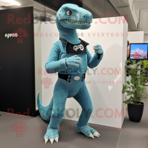 Cyan Allosaurus mascot costume character dressed with a Jeggings and Digital watches