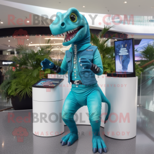 Cyan Allosaurus mascot costume character dressed with a Jeggings and Digital watches