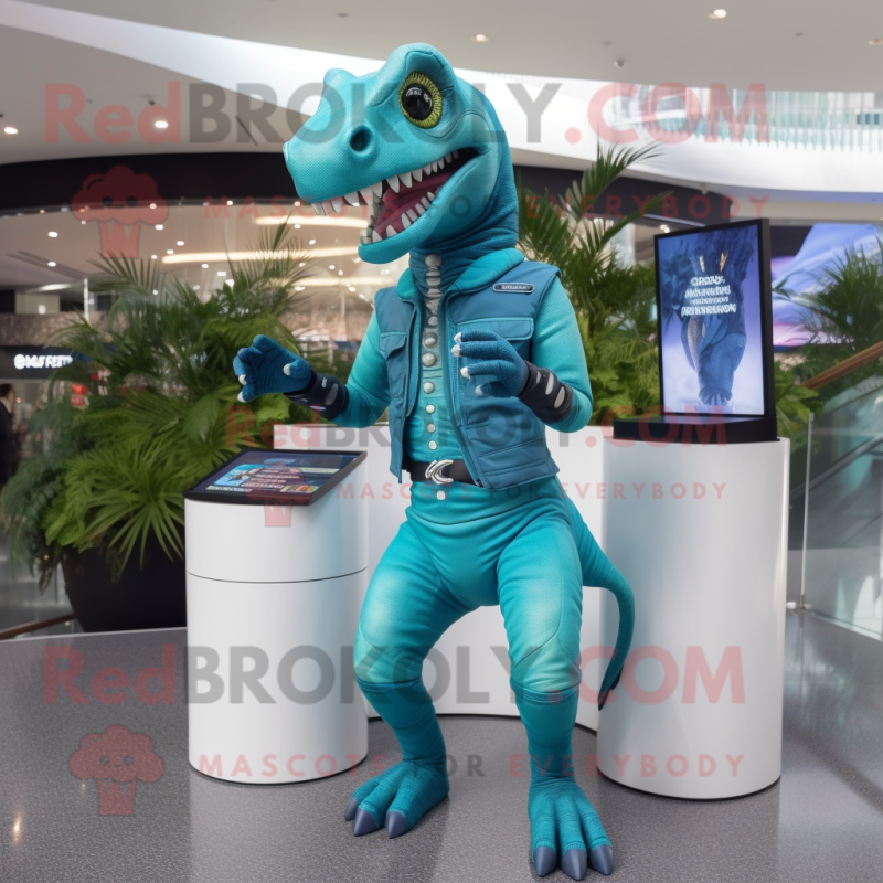 Cyan Allosaurus mascot costume character dressed with a Jeggings and Digital watches