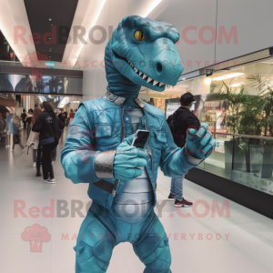Cyan Allosaurus mascot costume character dressed with a Jeggings and Digital watches