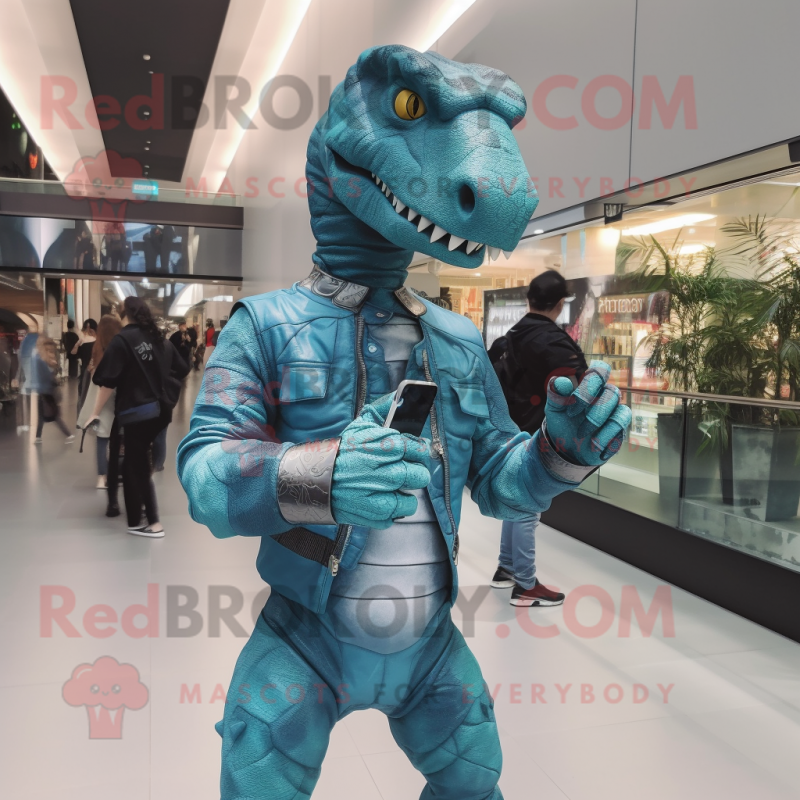 Cyan Allosaurus mascot costume character dressed with a Jeggings and Digital watches Cyan Allosaurus mascot costume character dressed with a Jeggings and Digital watches