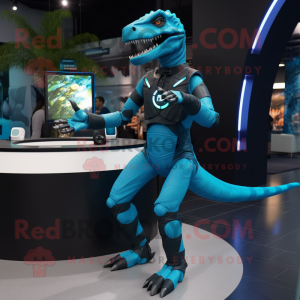 Cyan Allosaurus mascot costume character dressed with a Jeggings and Digital watches