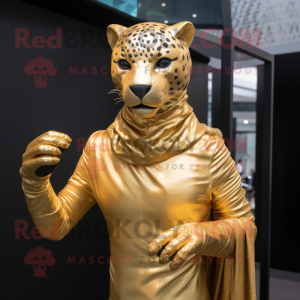 Gold Jaguar mascot costume character dressed with a Bodysuit and Scarves