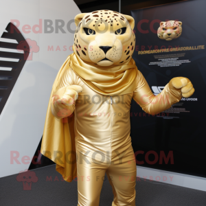 Gold Jaguar mascot costume character dressed with a Bodysuit and Scarves