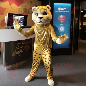 Gold Jaguar mascot costume character dressed with a Bodysuit and Scarves