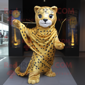 Gold Jaguar mascot costume character dressed with a Bodysuit and Scarves