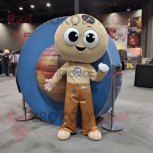 Tan Human Cannon Ball mascot costume character dressed with a Flare Jeans and Coin purses