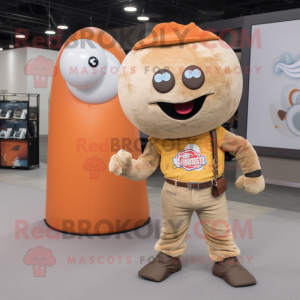Tan Human Cannon Ball mascot costume character dressed with a Flare Jeans and Coin purses