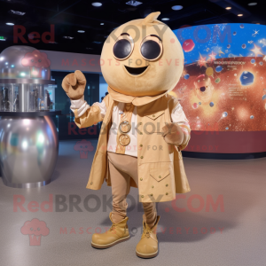 Tan Human Cannon Ball mascot costume character dressed with a Flare Jeans and Coin purses