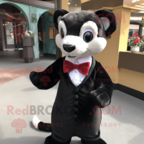 Black Weasel mascot costume character dressed with a Shift Dress and Bow ties