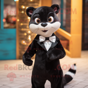 Black Weasel mascot costume character dressed with a Shift Dress and Bow ties