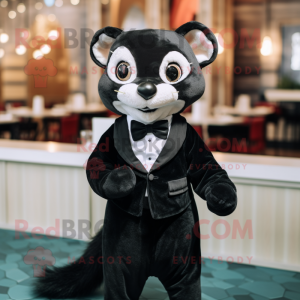 Black Weasel mascot costume character dressed with a Shift Dress and Bow ties