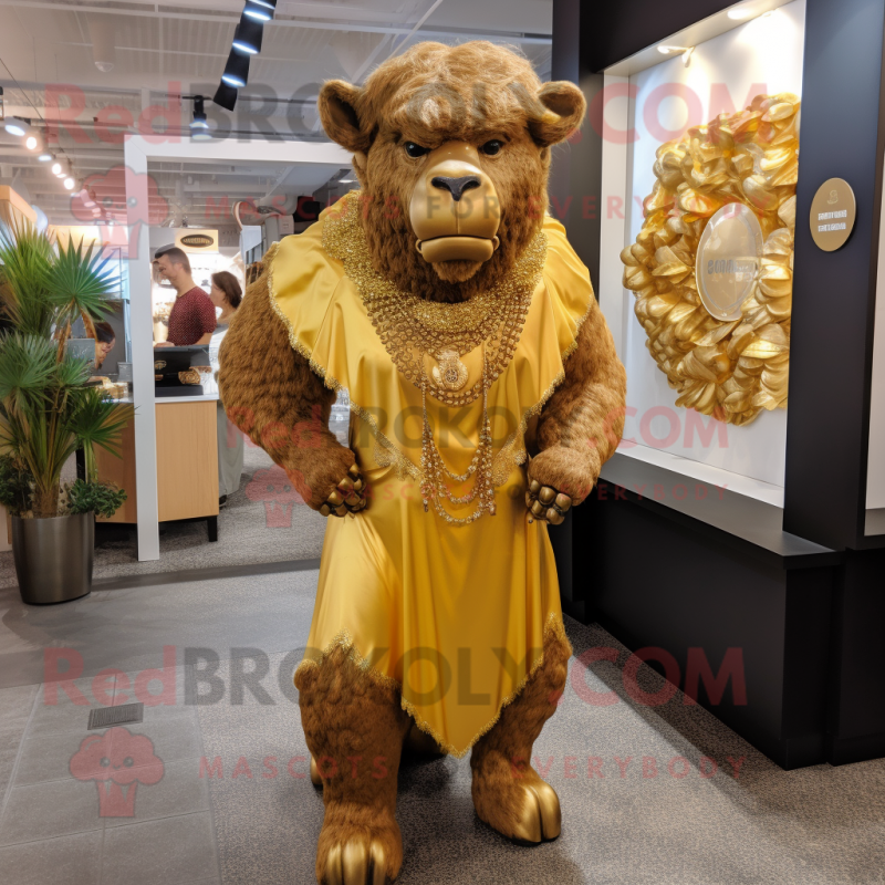 Gold Bison mascot costume character dressed with a Sheath Dress and Earrings