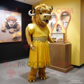 Gold Bison mascot costume character dressed with a Sheath Dress and Earrings