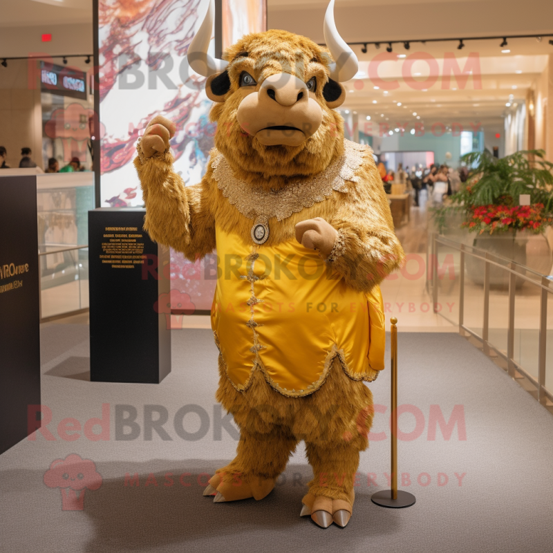 Gold Bison mascot costume character dressed with a Sheath Dress and Earrings Gold Bison mascot costume character dressed with a Sheath Dress and Earrings