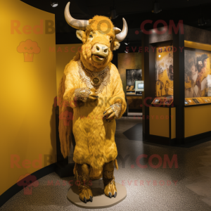 Gold Bison mascot costume character dressed with a Sheath Dress and Earrings