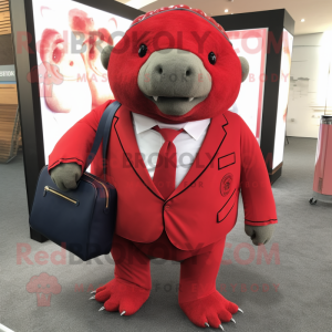 Red Glyptodon mascot costume character dressed with a Blazer and Clutch bags