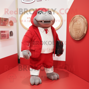 Red Glyptodon mascot costume character dressed with a Blazer and Clutch bags