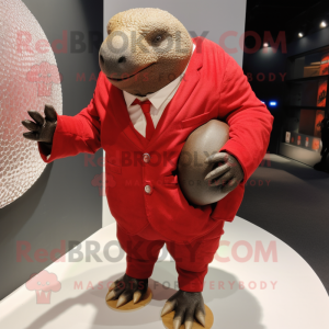 Red Glyptodon mascot costume character dressed with a Blazer and Clutch bags