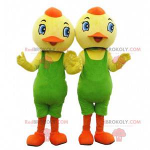 2 mascotte pulcino, uccelli gialli con un body verde -