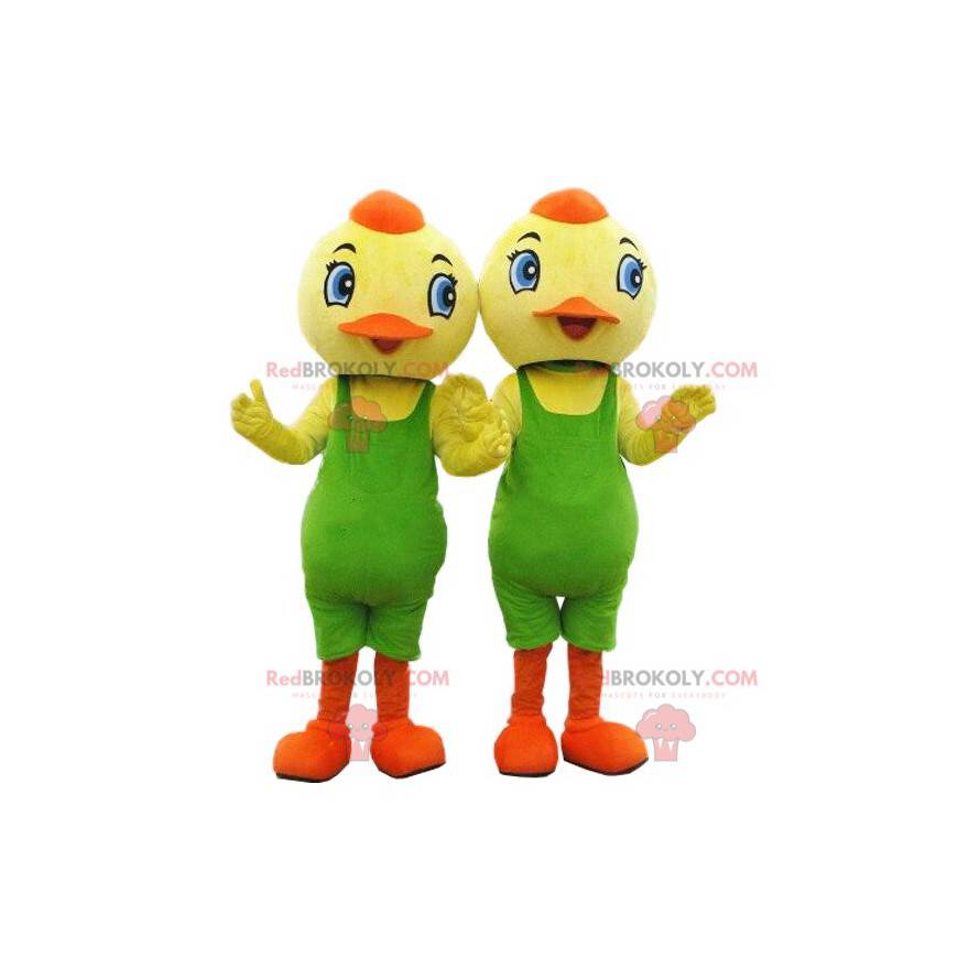 2 kycklingmaskoter, gula fåglar med en grön trikå -